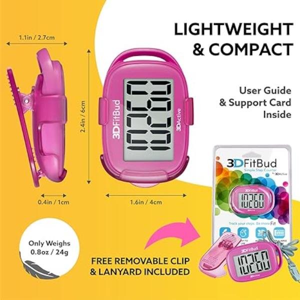 3DFitBud Simple Step Counter Walking 3D Pedometer with Clip and Lanyard