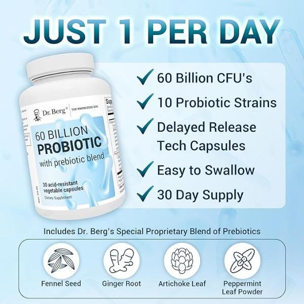 Dr. Berg Probiotic Supplement – 60 Billion CFU, Pre and Probiotics for Gut Health – 30 Capsules