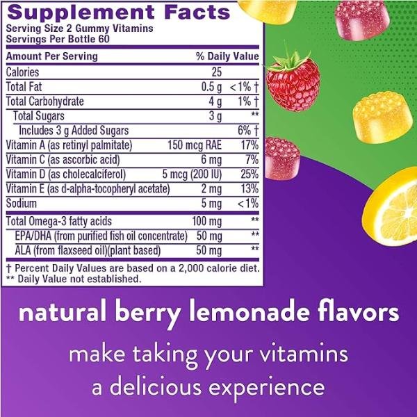 Vitafusion Omega-3 Gummy Vitamins – Berry Lemonade Flavor, 120 Count