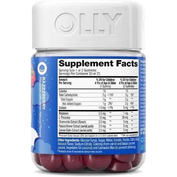 OLLY Kids Sleep Gummy, 0.5mg Melatonin, L-Theanine, Chamomile, Lemon Balm, 50 Count