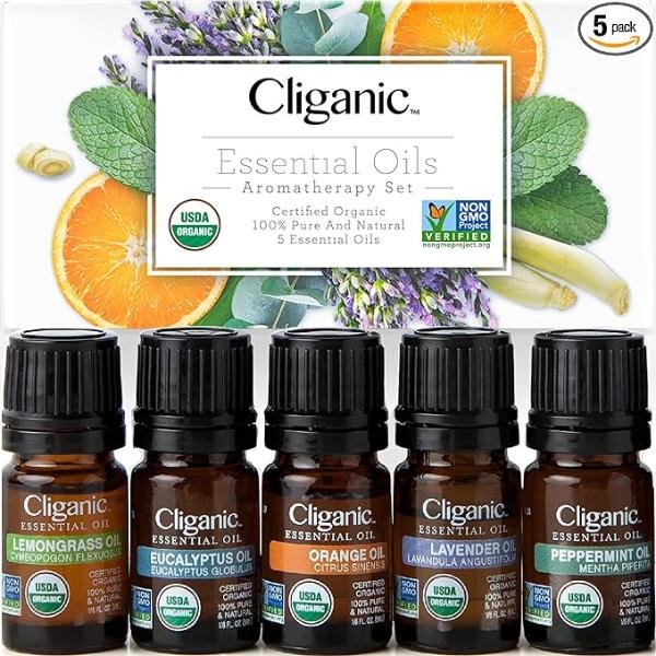 Cliganic Organic Essential Oils Set (Top 5) - 100% Pure for Aromatherapy and Candle Making