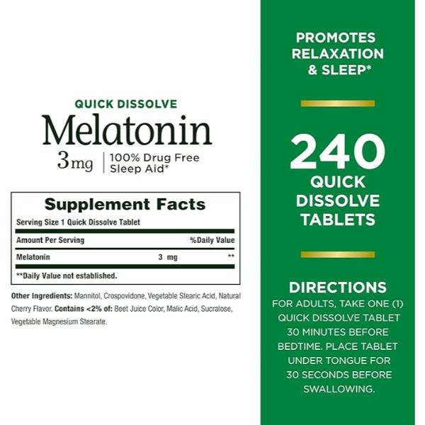 Nature’s Bounty Melatonin 3mg, Drug-Free Sleep Aid, 240 Quick Dissolve Tablets