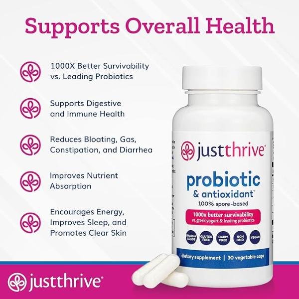 Just Thrive Probiotic & Antioxidant - Spore-Based Digestive and Immune Support, Gluten Free, 30 Capsules