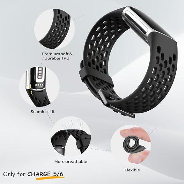 Breathable Sport Bands for Fitbit Charge 5/6, Soft Waterproof Replacement Straps