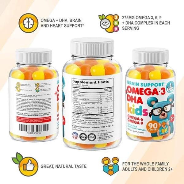 Kids Omega 3 Gummies with DHA, 90 Count, Heart & Brain Support, No Fish Oil, Gluten-Free